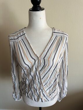Max Studio Cream Striped Wrap Blouse with Navy and Tan Stripes